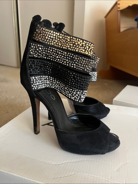 Aldo Shoes - Aldo Black Suede Peep-Toe Heels with Gold and Silver Crystal Cuffs